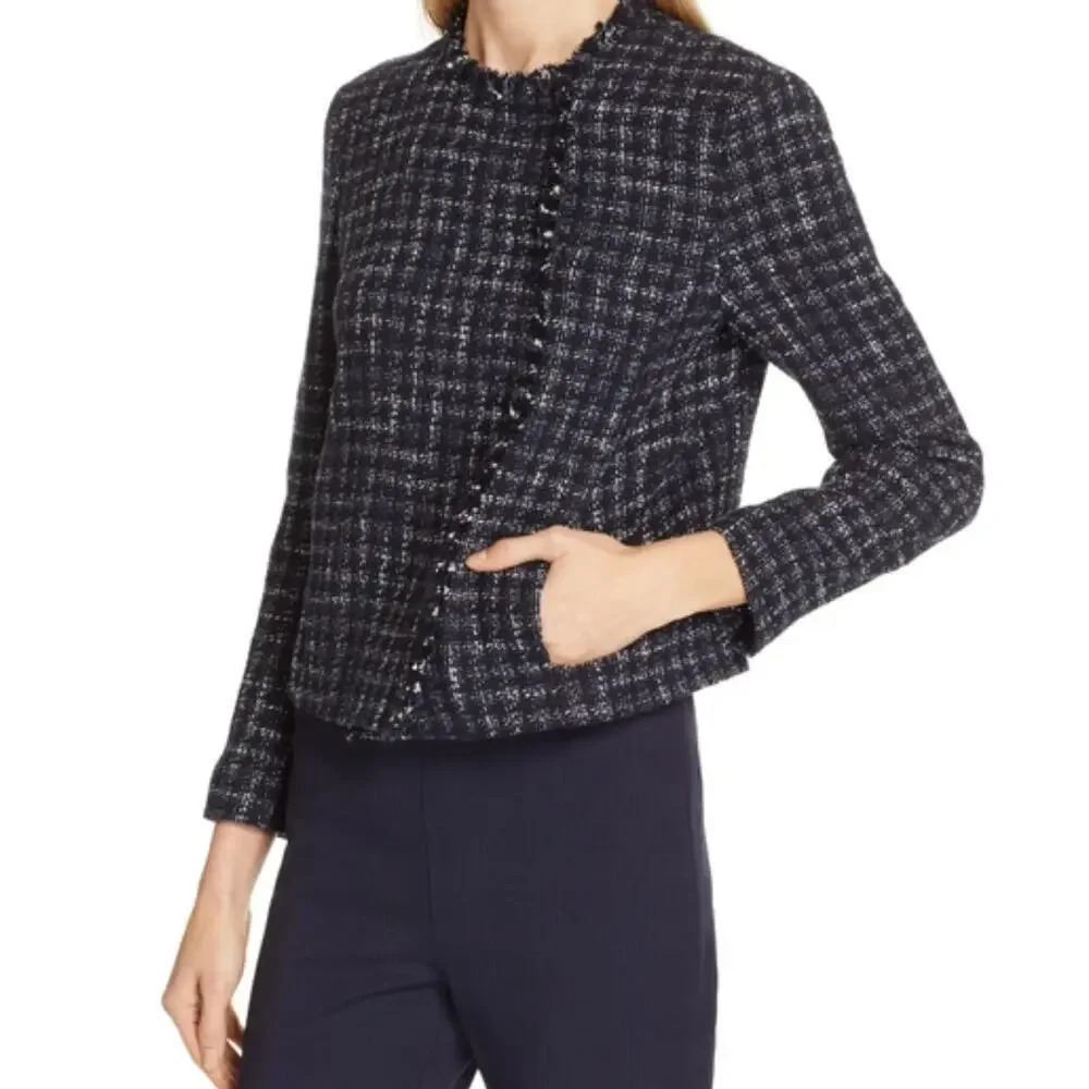 BOSS Jicara Tweed Blazer Jacket Fringe Blue White Black Womens US size 12